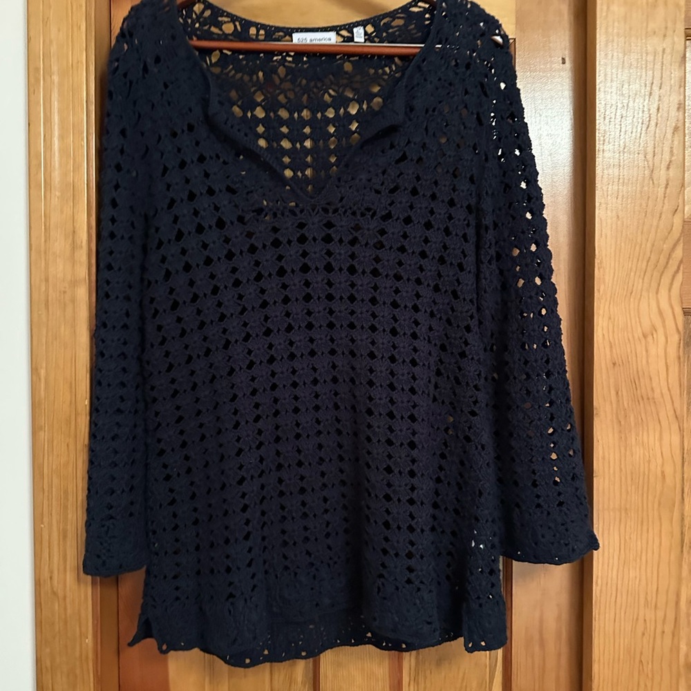 525 America Navy Blue Crochet Knit Sweater